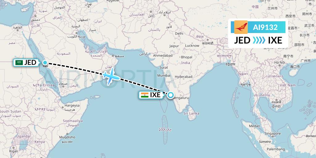 AI9132 Air India Flight Map: Jeddah to Mangalore