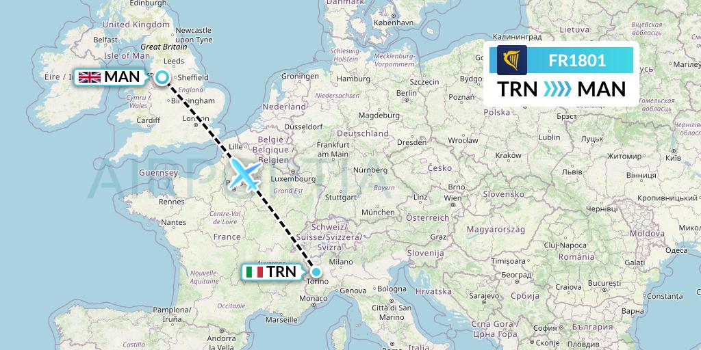 FR1801 Ryanair Flight Map: Turin to Manchester