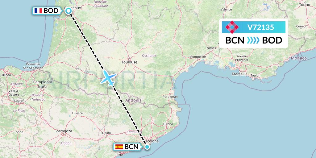 V72135 Volotea Flight Map: Barcelona to Bordeaux