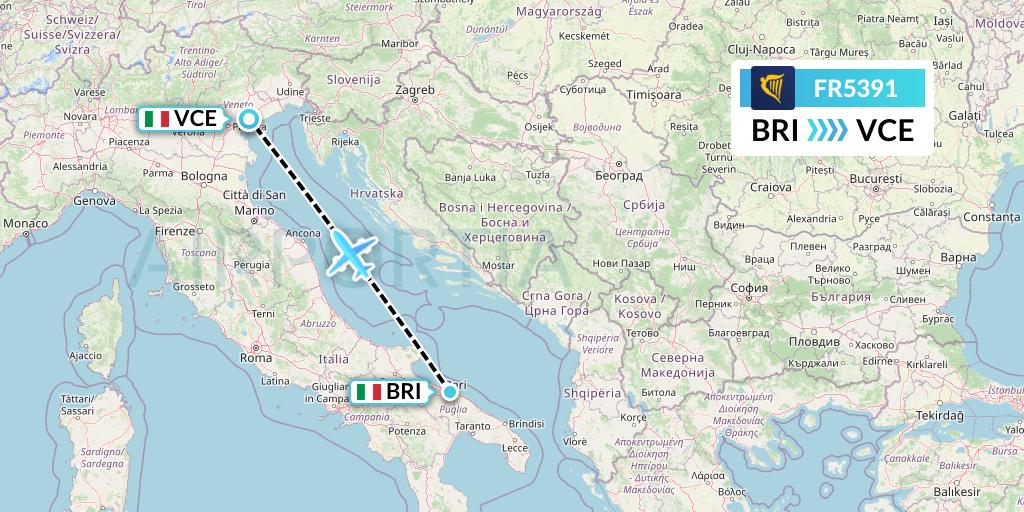 FR5391 Ryanair Flight Map: Bari to Venice