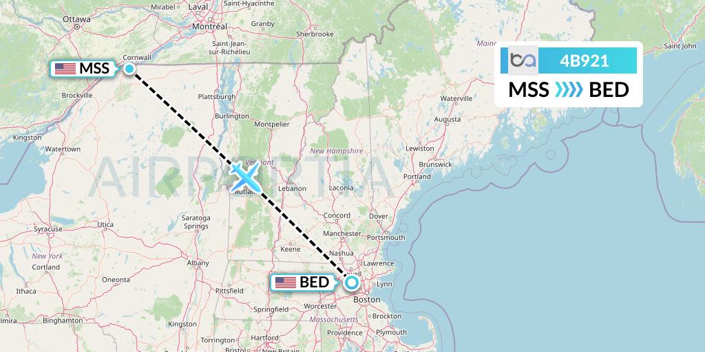 4B921 Boutique Air Flight Map: Massena to Bedford