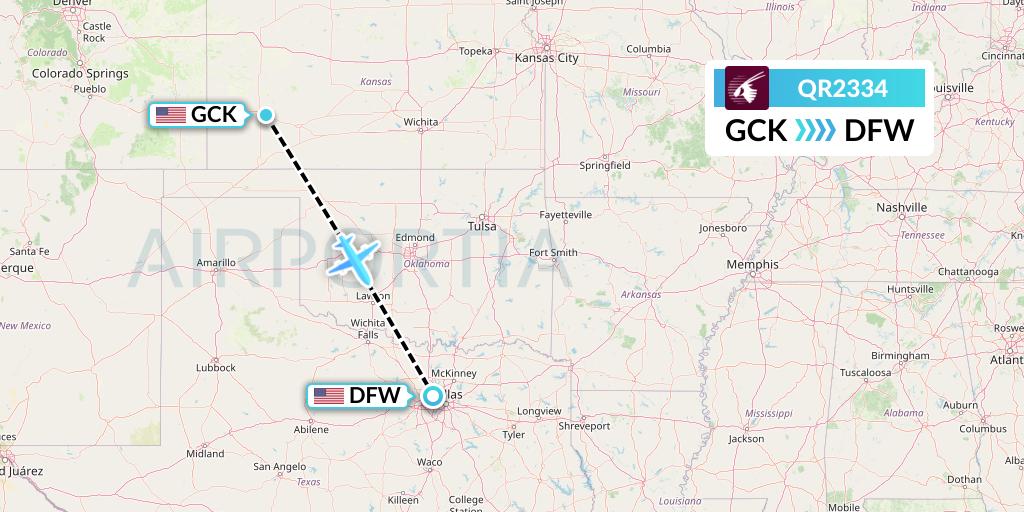 QR2334 Qatar Airways Flight Map: Garden City to Dallas
