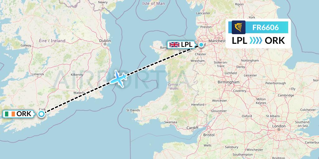 FR6606 Ryanair Flight Map: Liverpool to Cork