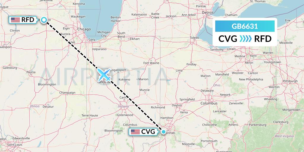 GB6631 ABX Air Flight Map: Cincinnati to Chicago