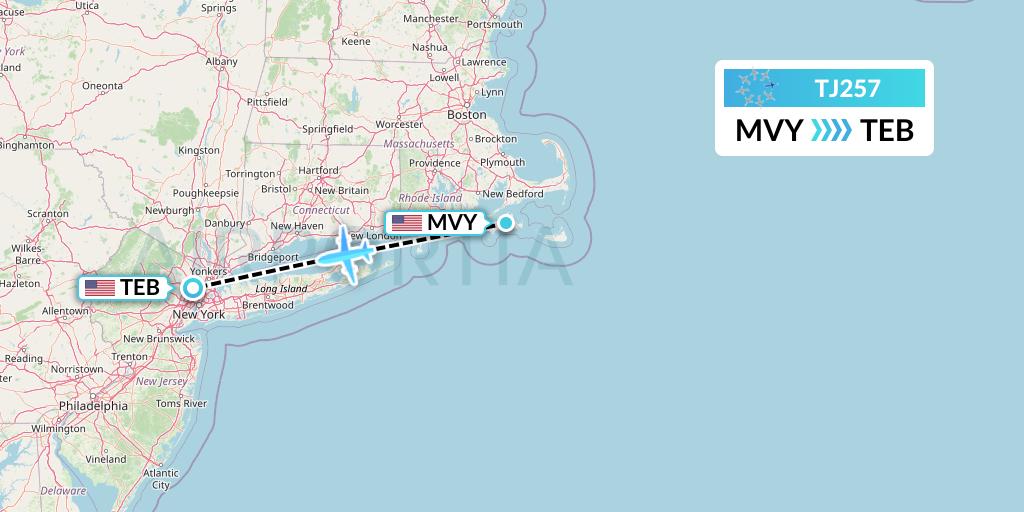 TJ257 Tradewind Aviation Flight Map: Martha's Vineyard to Teterboro