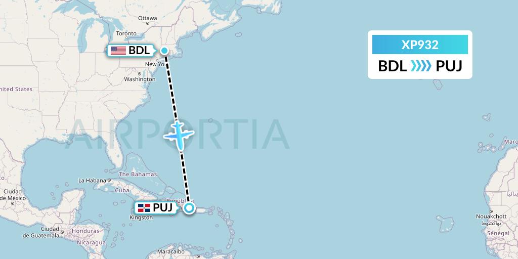 XP932 Avelo Airlines Flight Map: Windsor Locks to Punta Cana