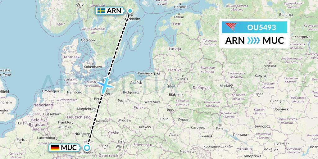 OU5493 Croatia Airlines Flight Map: Stockholm to Munich