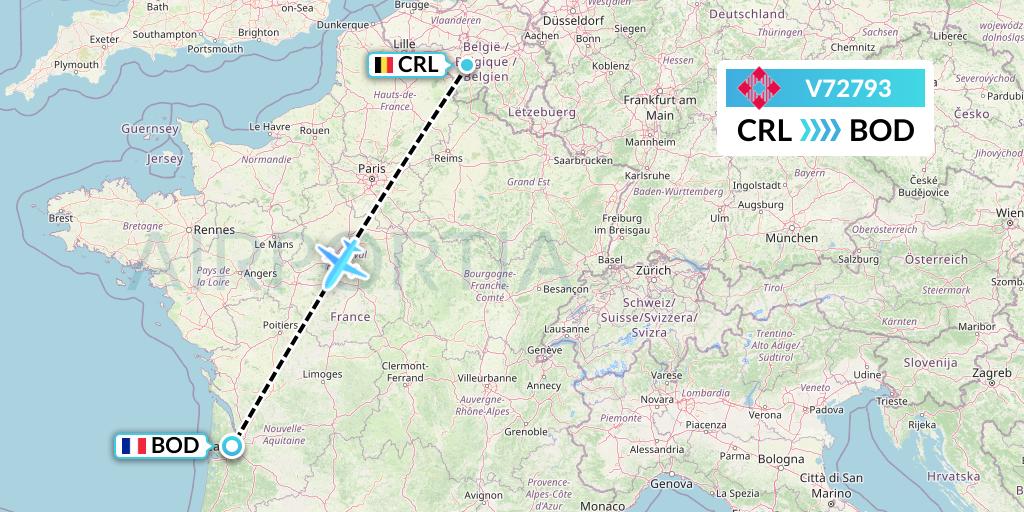 V72793 Volotea Flight Map: Brussels to Bordeaux