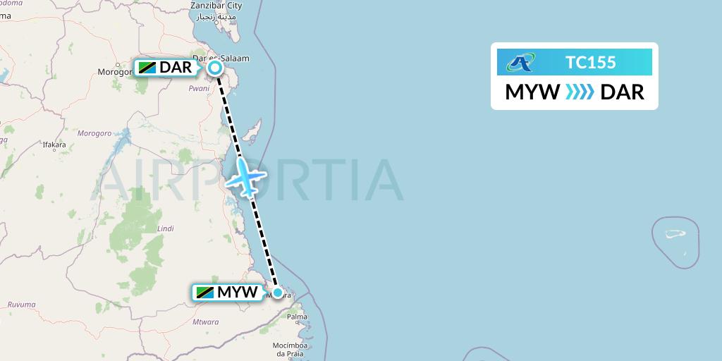 TC155 Air Tanzania Flight Map: Mtwara to Dar-es-Salaam