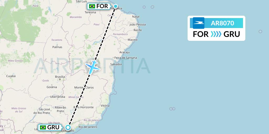 AR8070 Aerolineas Argentinas Flight Map: Fortaleza to Sao Paulo