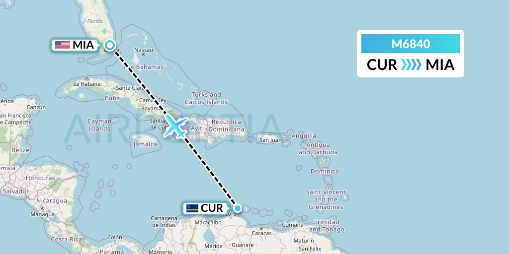 M6840 Amerijet International Flight Map: Willemstad to Miami