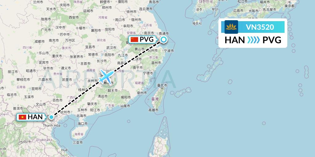 VN3520 Vietnam Airlines Flight Map: Hanoi to Shanghai