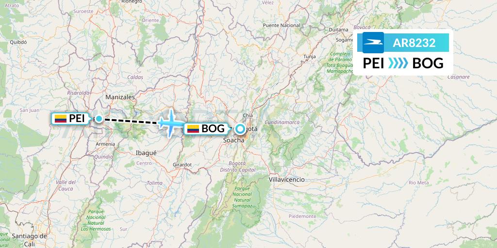 AR8232 Aerolineas Argentinas Flight Map: Pereira to Bogota