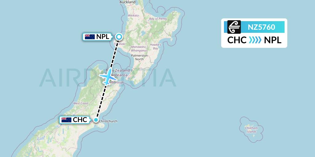NZ5760 Air New Zealand Flight Map: Christchurch to New Plymouth