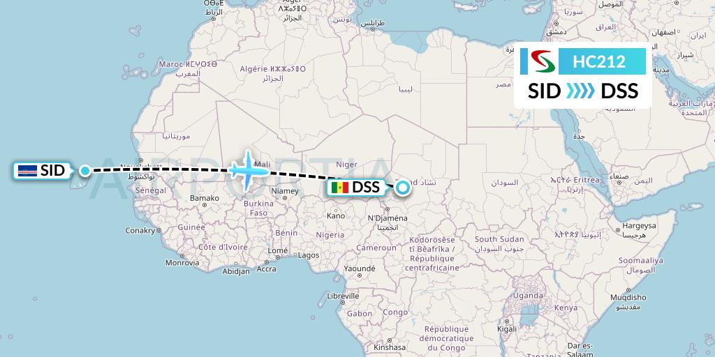 HC212 Air Senegal Flight Map: Espargos to Dakar