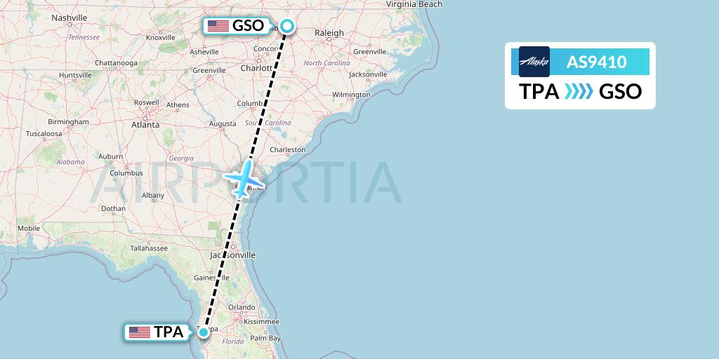 AS9410 Alaska Airlines Flight Map: Tampa to Greensboro