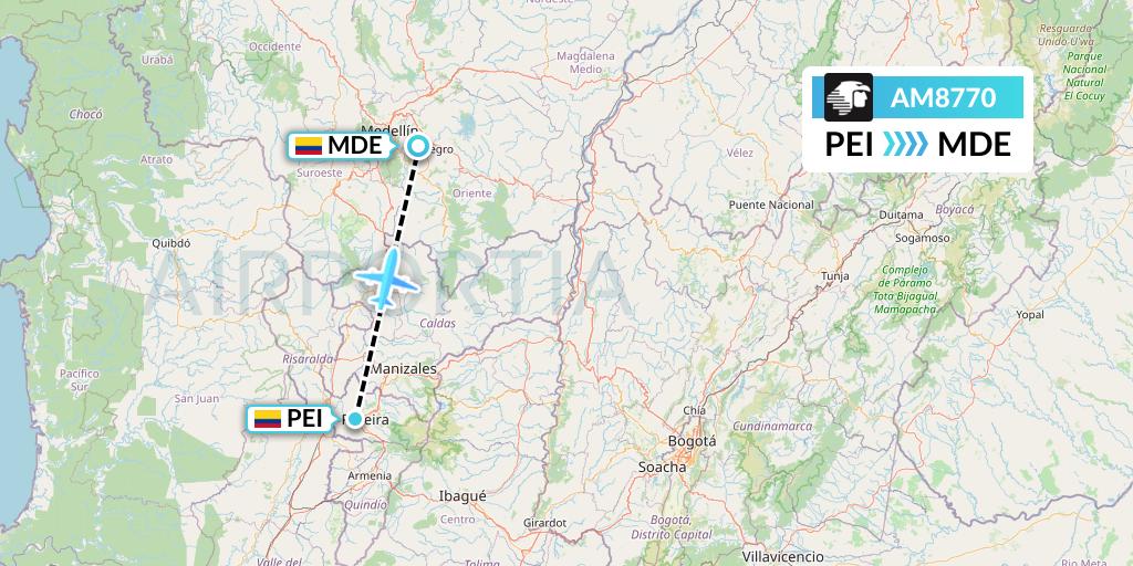 AM8770 Aeromexico Flight Map: Pereira to Medellin