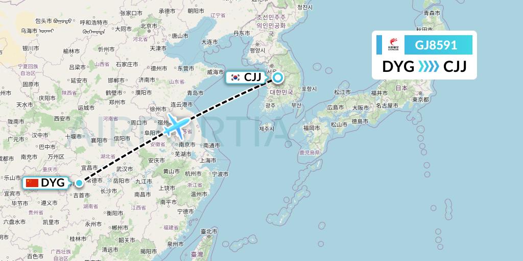 GJ8591 Loong Airlines Flight Map: Dayong to Cheongju