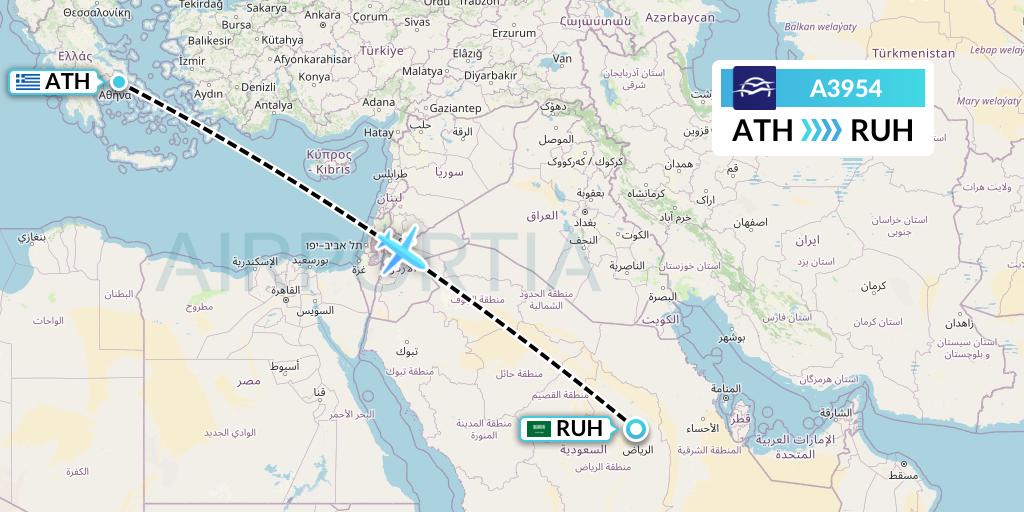 A3954 Aegean Airlines Flight Map: Athens to Riyadh