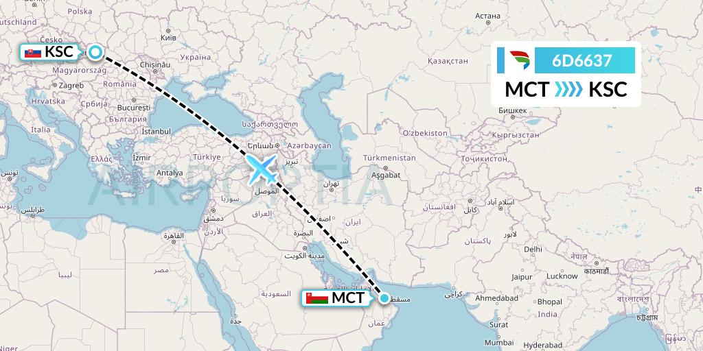 6D6637 Travel Service Slovakia Flight Map: Muscat to Kosice