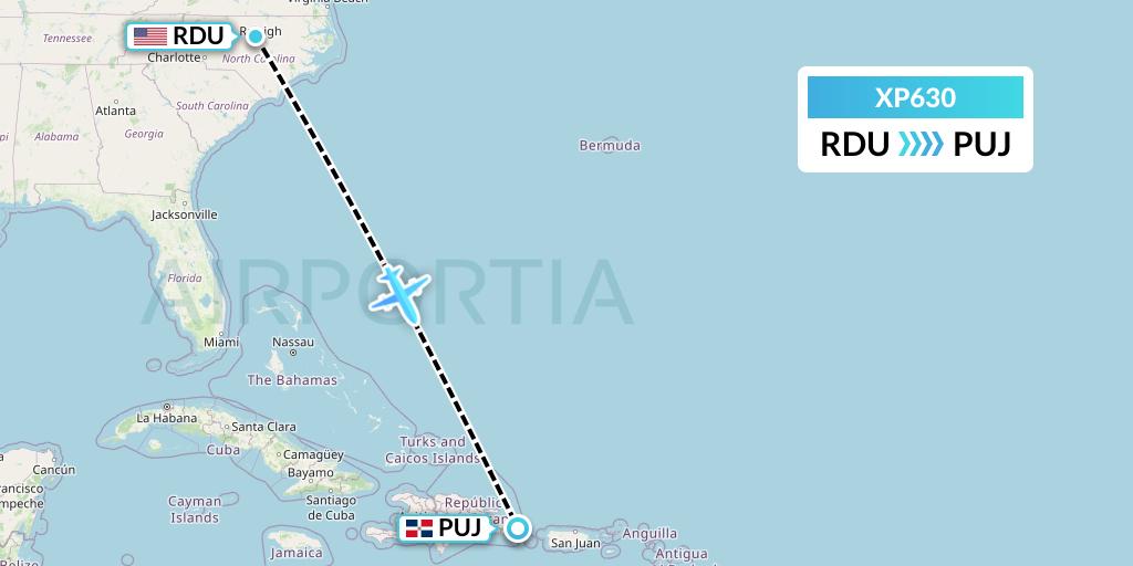 XP630 Avelo Airlines Flight Map: Raleigh-Durham to Punta Cana