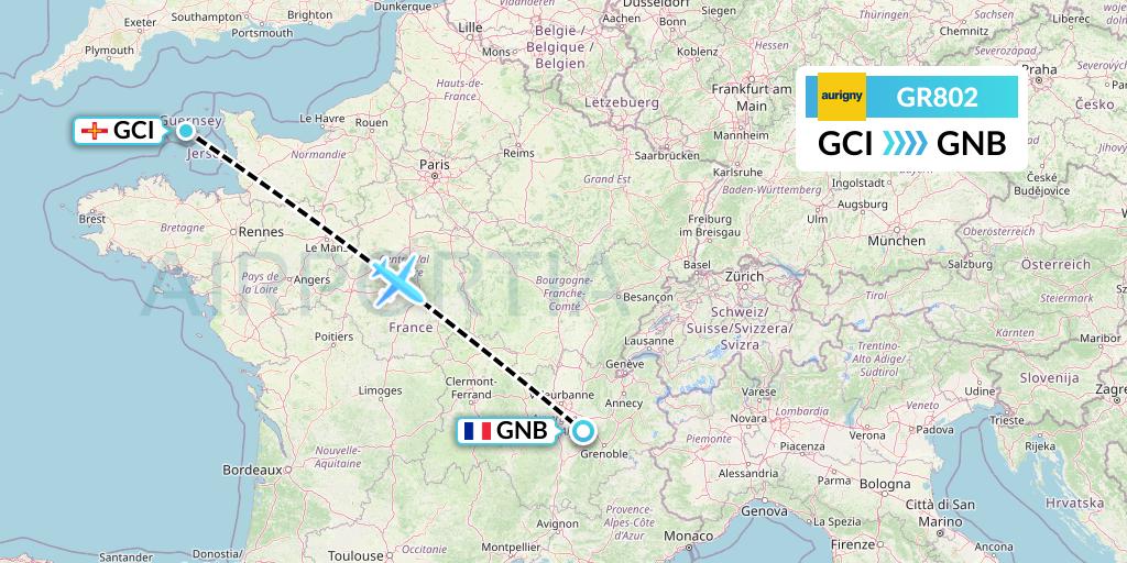 GR802 Aurigny Air Services Flight Map: Guernsey to Grenoble