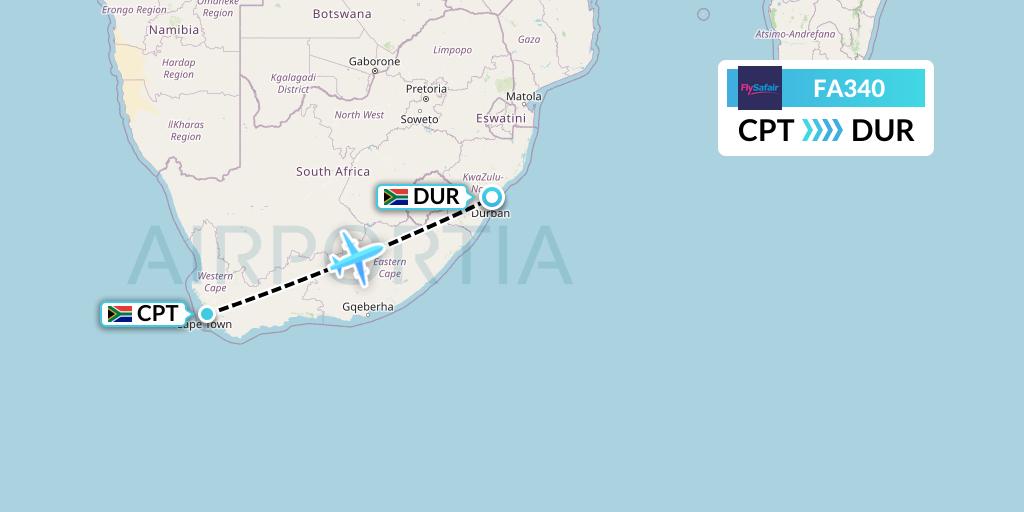 FA340 Safair Flight Map: Cape Town to Durban