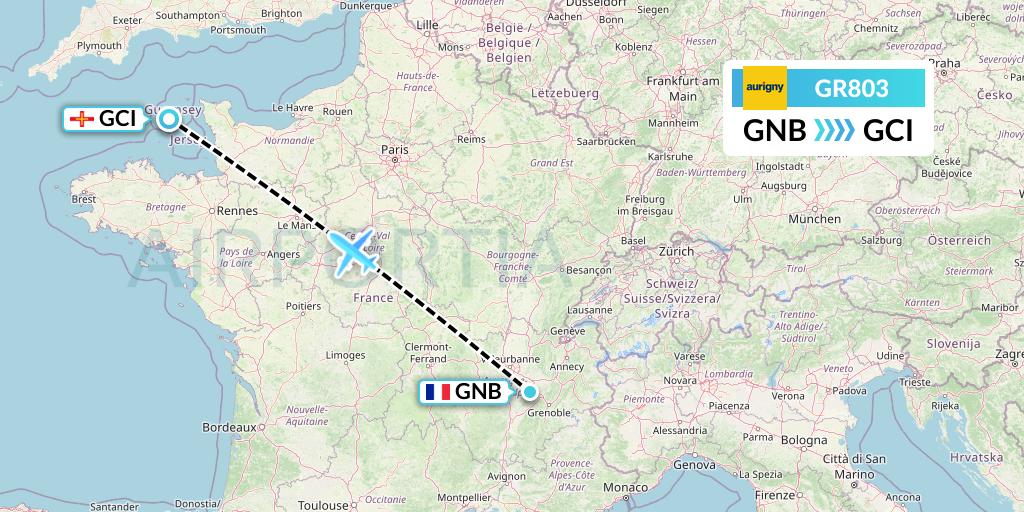 GR803 Aurigny Air Services Flight Map: Grenoble to Guernsey