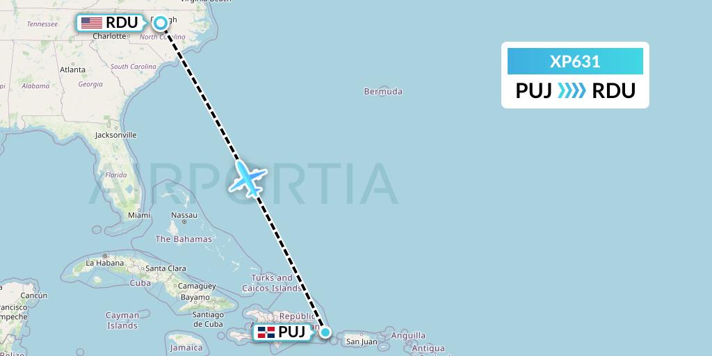 XP631 Avelo Airlines Flight Map: Punta Cana to Raleigh-Durham