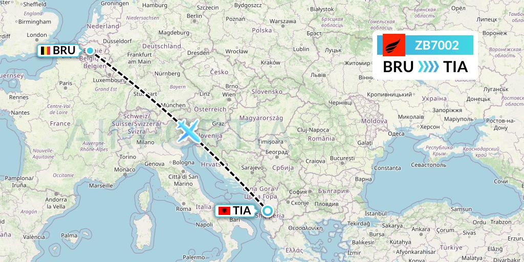 ZB7002 Air Albania Flight Map: Brussels to Tirana