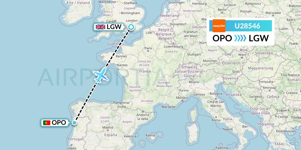 U28546 EasyJet Flight Map: Porto to London