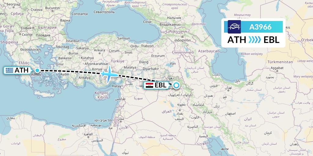 A3966 Aegean Airlines Flight Map: Athens to Arbil