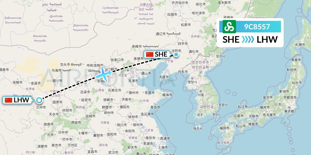9C8557 Spring Airlines Flight Map: Shenyang to Lanzhou