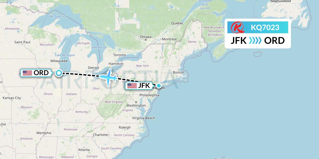 KQ7023 Kenya Airways Flight Map: New York to Chicago