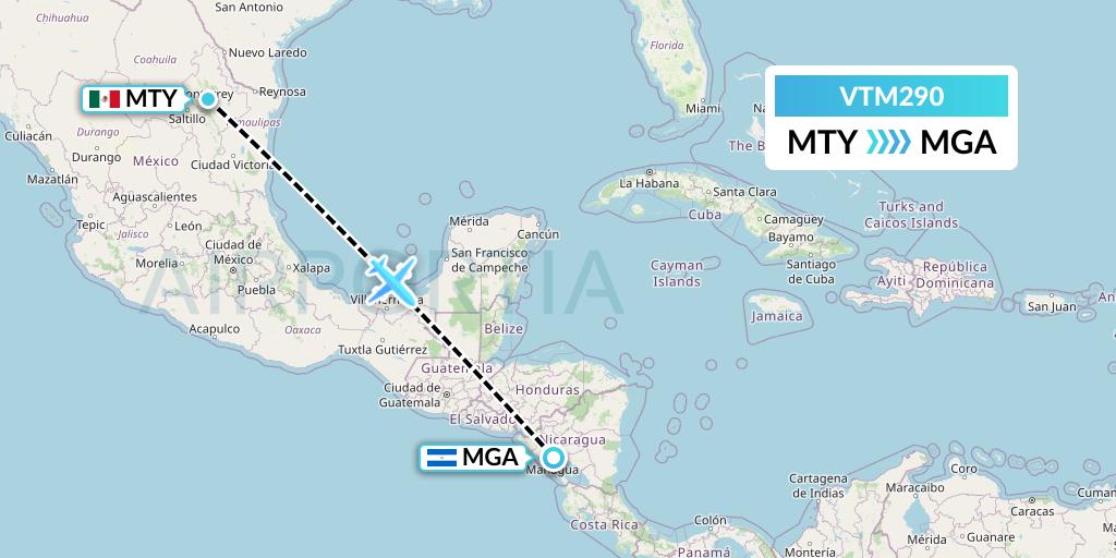 VTM290 Aeronaves TSM Flight Map: Monterrey to Managua