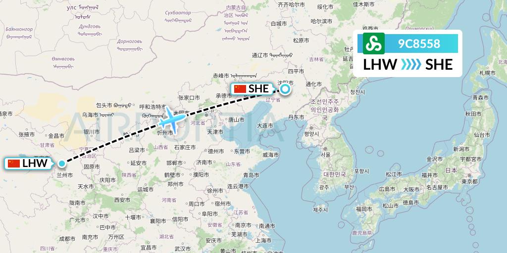 9C8558 Spring Airlines Flight Map: Lanzhou to Shenyang