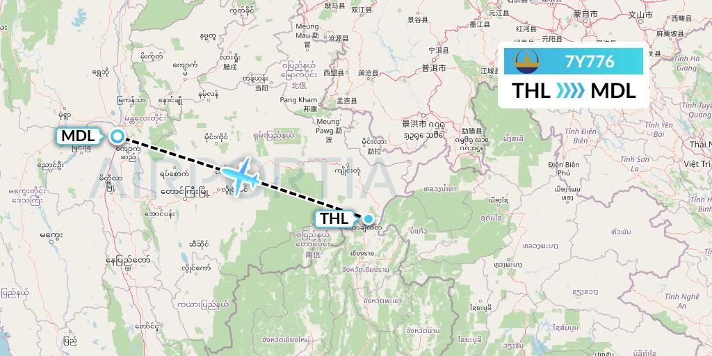 7Y776 Mann Yadanarpon Airlines Flight Map: Tachilek to Mandalay