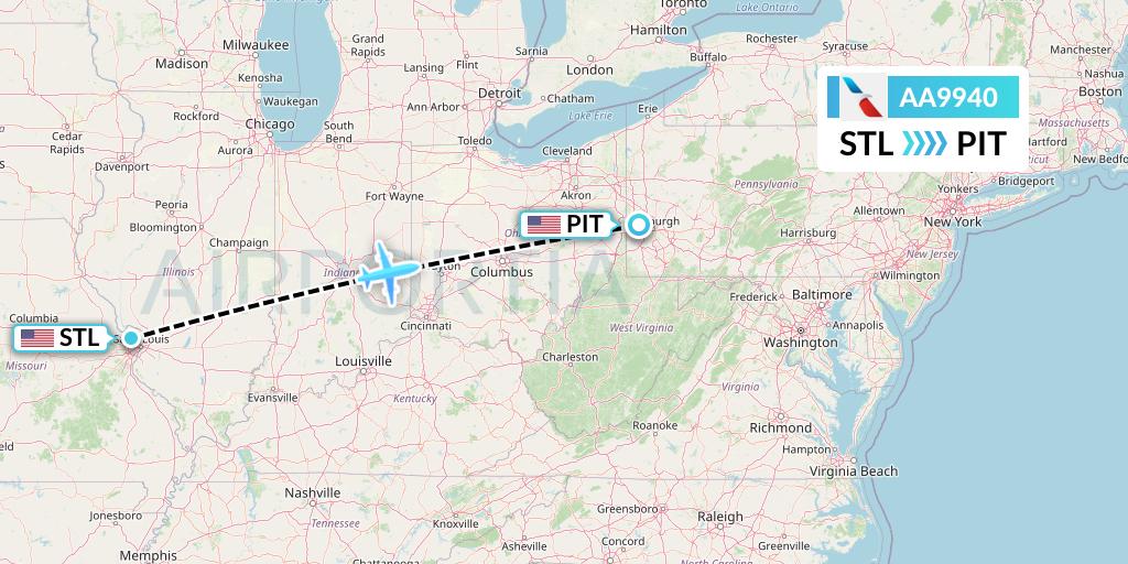 AA9940 American Airlines Flight Map: St. Louis to Pittsburgh