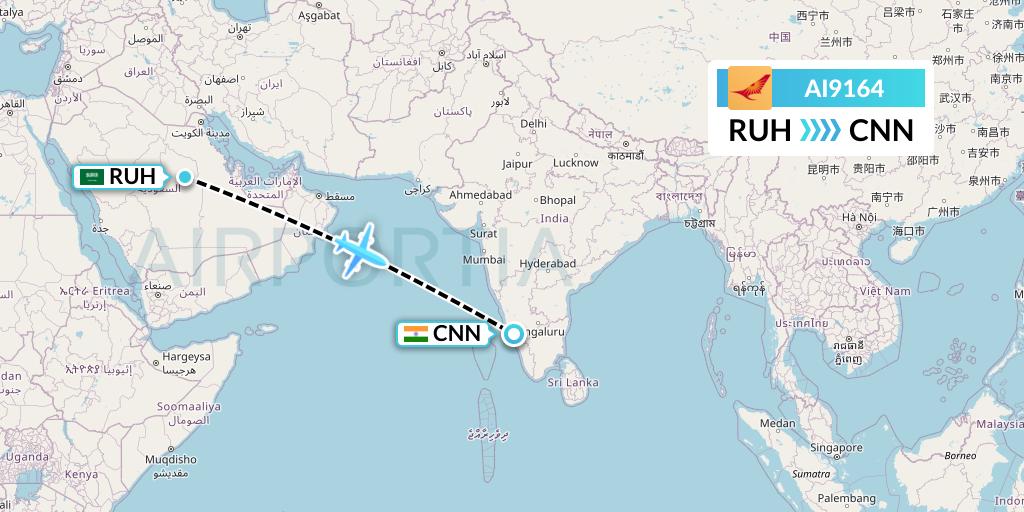 AI9164 Air India Flight Map: Riyadh to Mattannur