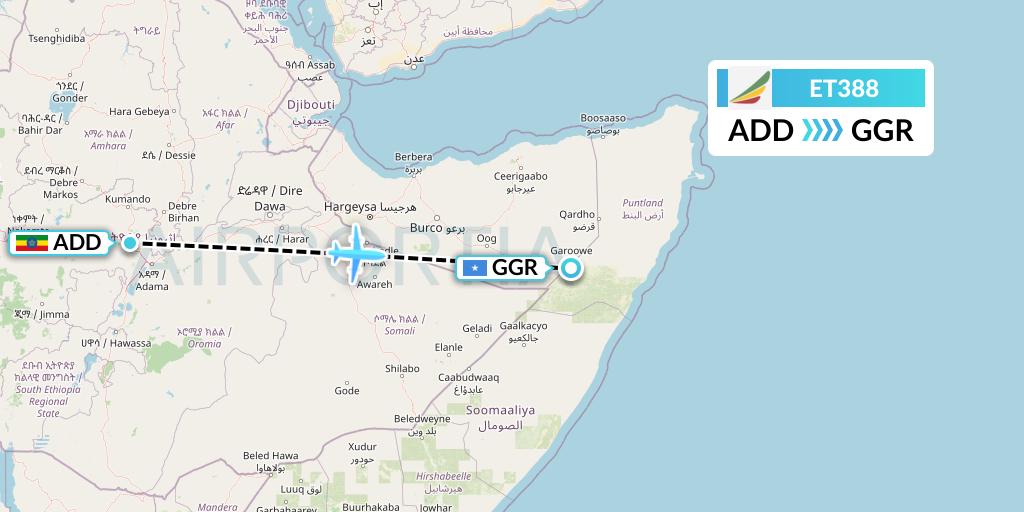 ET388 Ethiopian Airlines Flight Map: Addis Ababa to Garoe