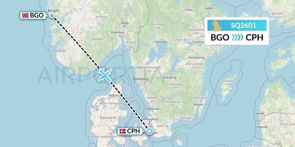 SQ2601 Singapore Airlines Flight Map: Bergen to Copenhagen