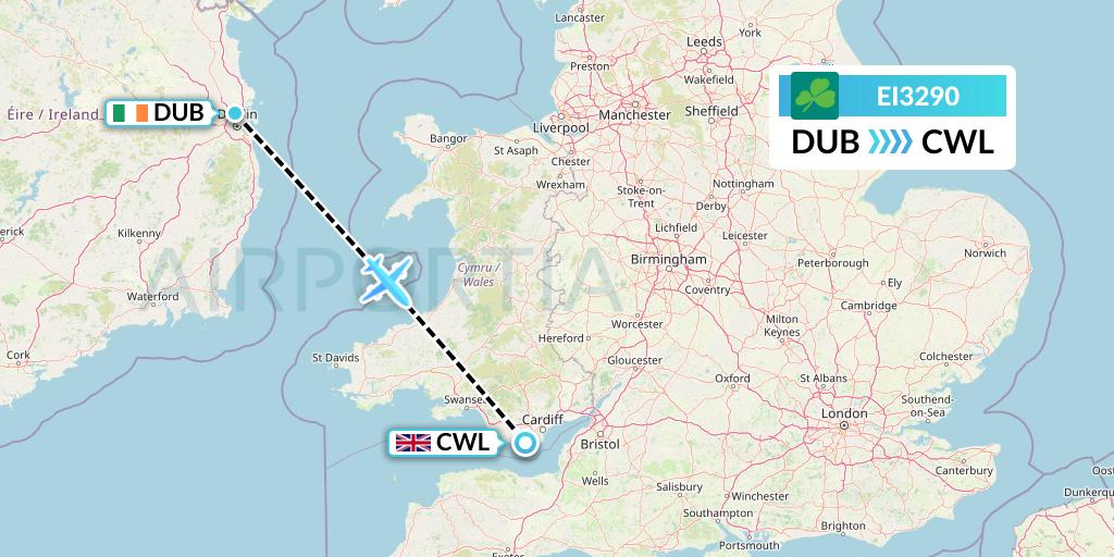 EI3290 Aer Lingus Flight Map: Dublin to Cardiff