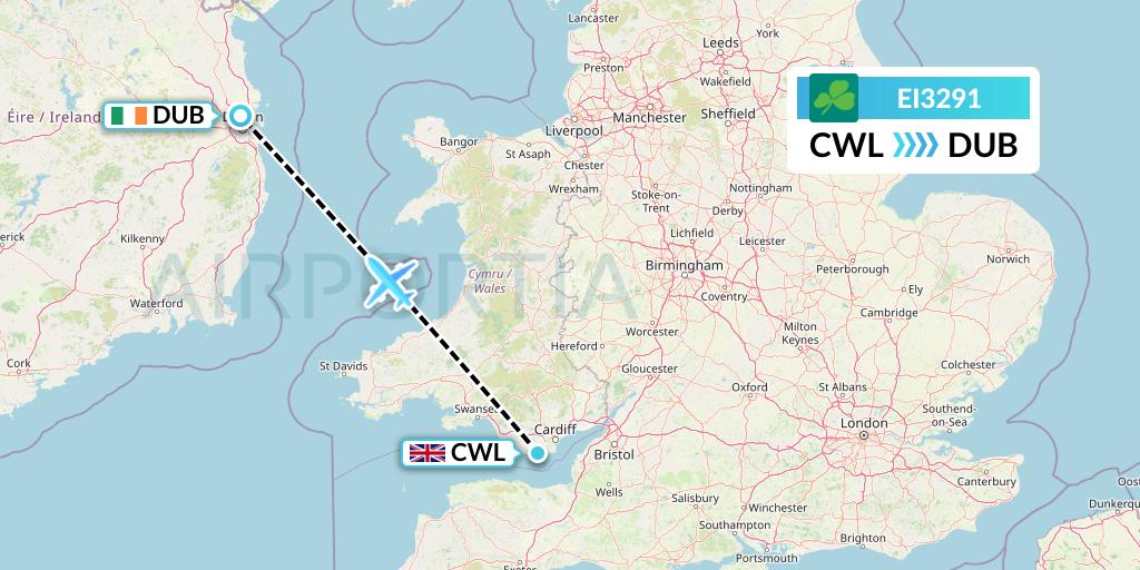 EI3291 Aer Lingus Flight Map: Cardiff to Dublin