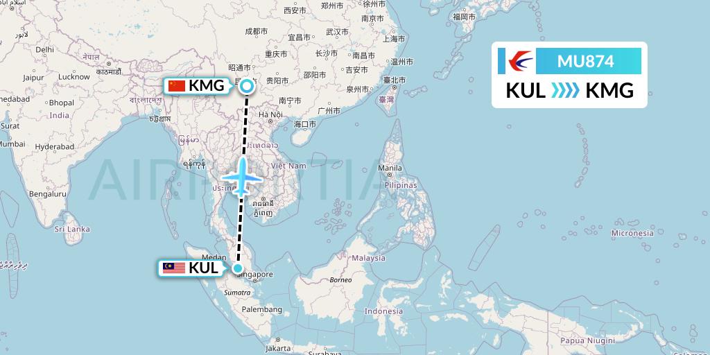 MU874 China Eastern Airlines Flight Map: Kuala Lumpur to Kunming