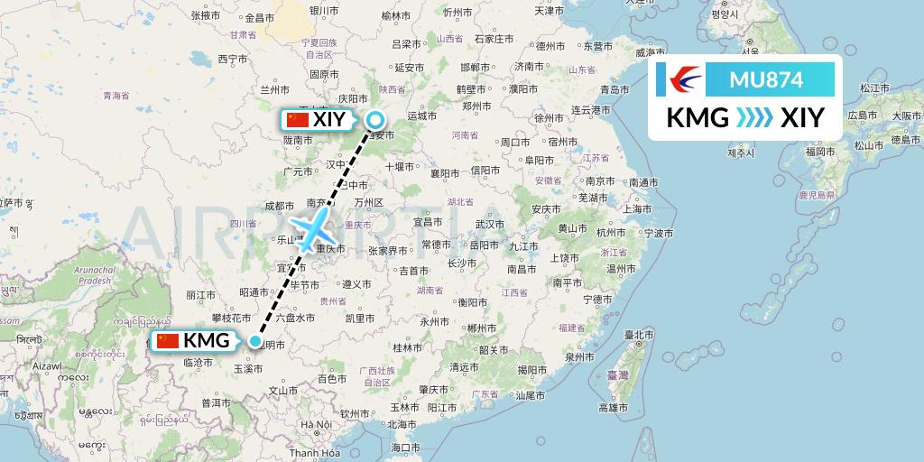 MU874 China Eastern Airlines Flight Map: Kunming to Xi'an