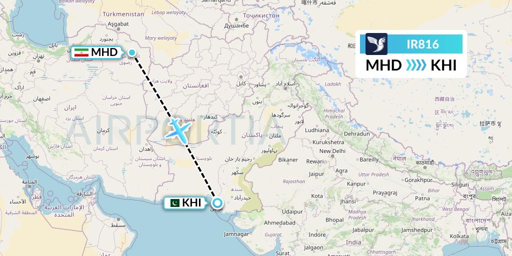 IR816 Iran Air Flight Map: Mashhad to Karachi