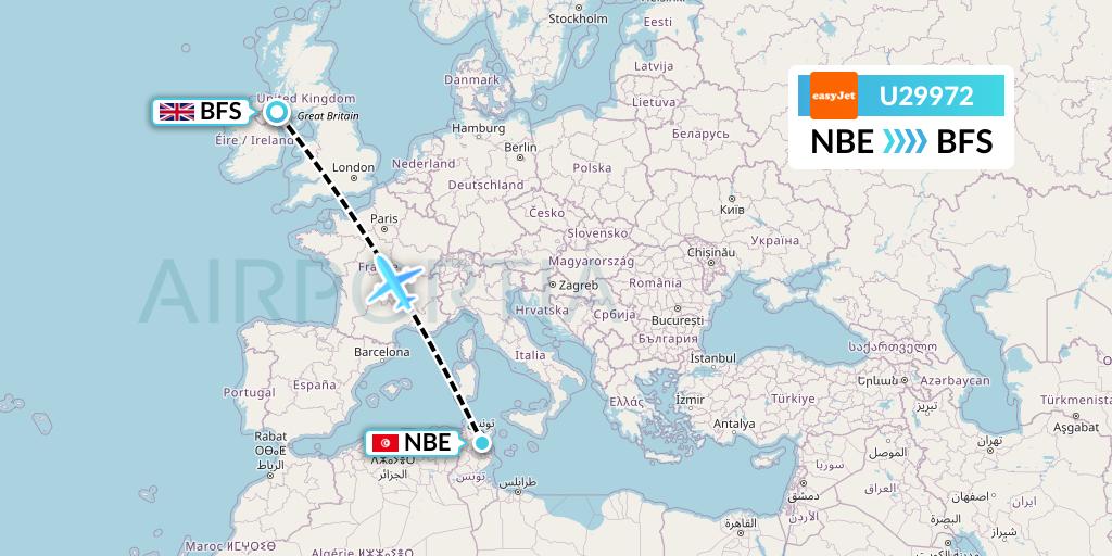 U29972 EasyJet Flight Map: Enfidha to Belfast