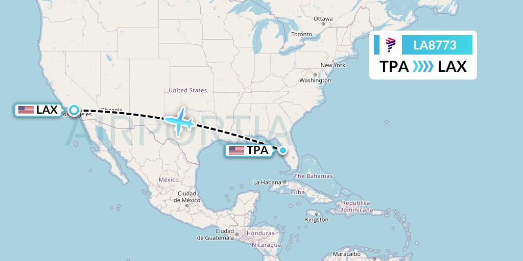 LA8773 LAN Airlines Flight Map: Tampa to Los Angeles