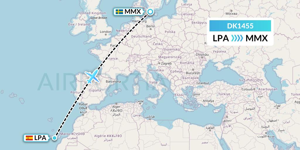 DK1455 Thomas Cook Airlines Scandinavia Flight Map: Las Palmas to Malmo