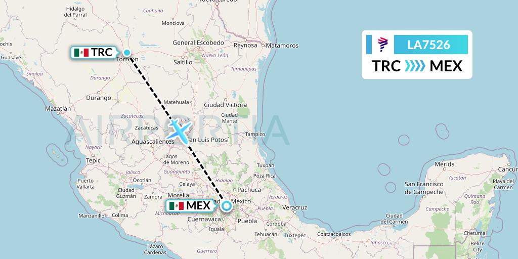LA7526 LAN Airlines Flight Map: Torreon to Mexico City